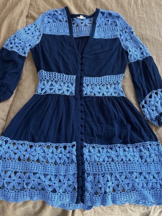 Chasing Unicorns Dresses & Skirts - Chasing Unicorns Blue and navy Crochet mockingbird Dress L or XL